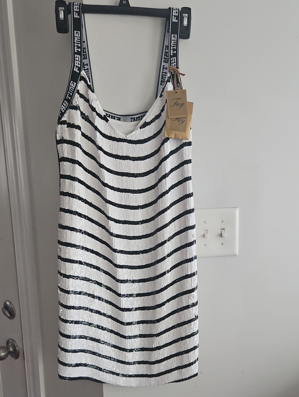Fay Black & White Striped Sequin Slip Dress with Logo Straps NWT Size Small